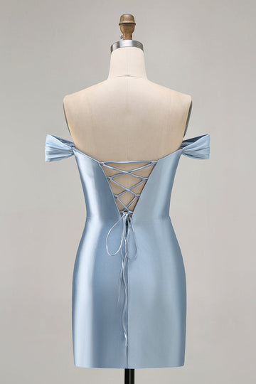 Grey Blue Off The Shoulder Satin Ruched Bodycon Homecoming Dress with Slit